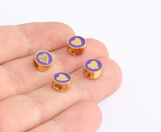 8mm 24k Shiny Gold Heart Charms, Purple Enamel Heart SLM1046