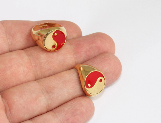 17-18mm 24k Shiny Gold Rings, Red Enamel Yin Yang Rings, SLM48