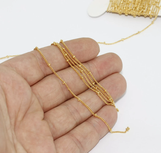 1,2 mm 24 ayar Parlak Altın Uydu Zincirleri, Lehimli, Boncuklu BXB40