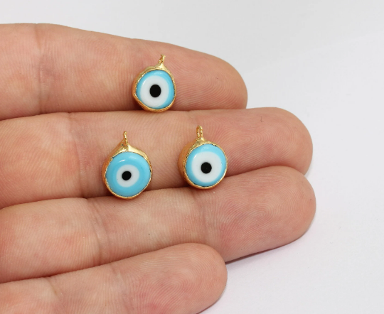 11x14mm 24 Ayar Parlak Altın Nazar Boncuğu, Turkuaz Nazar Boncuğu, MLS249
