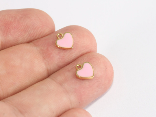8mm 24k Shiny Gold Heart Beads, Light Pink Enamel, Gold XP460
