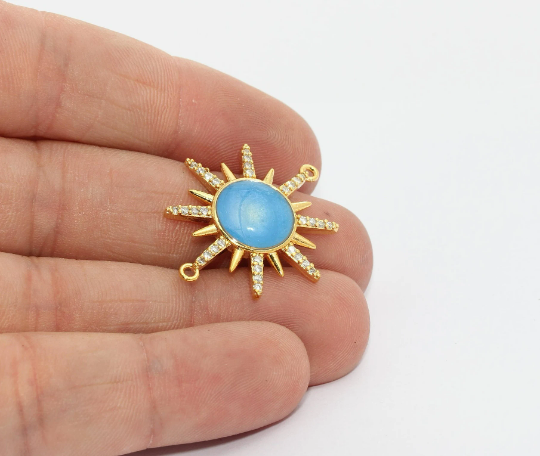 Ciondoli a forma di sole in oro lucido 24k, 26x30 mm, micro pavé, MTE1316
