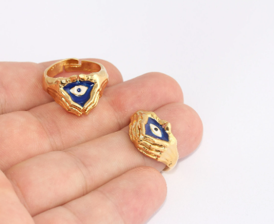 17-18mm 24k Shiny Gold Evil Eye Rings, Blue Enamel Eye, SLM978