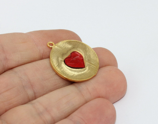 Ciondolo a forma di cuore in smalto rosso lucido 24k, 23x27 mm, oro MTE184