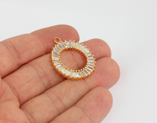 27x30mm - 24k Shiny Gold Pave Circle Charm, Baguette MLS157