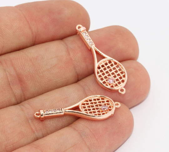 11x30mm Gül Altın Charm, Tenis Raketi Kolye Ucu, CZ ZRCN840