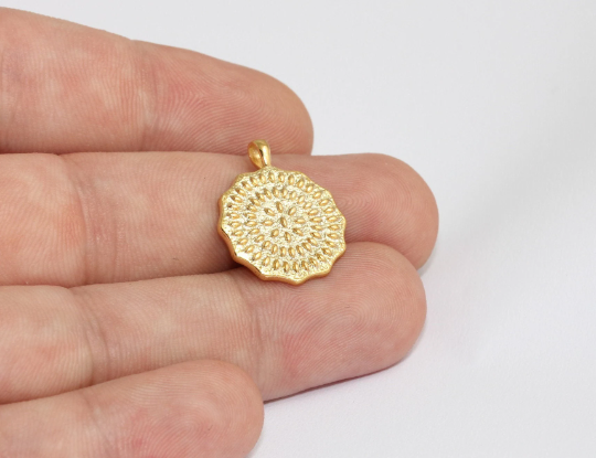 19mm 24k Shiny Gold Flower Pendant, Medallion ,coin, MLS595