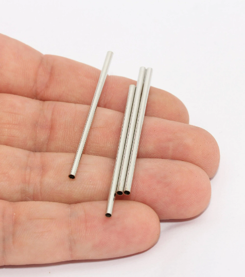 2x50mm Rodyum Kaplamalı Tüp Boncuklar, Yuvarlak Tüpler, MTE886