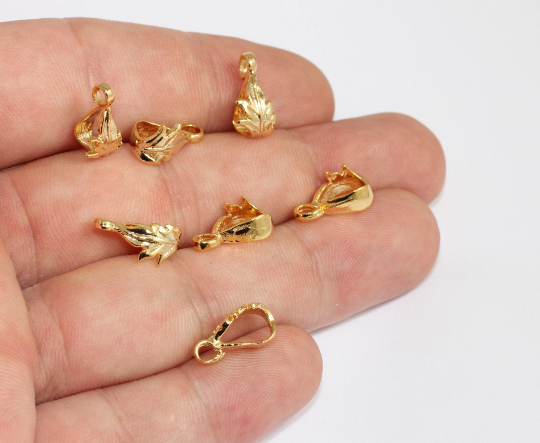 6x10mm 24 Ayar Parlak Altın Kolye Ucu, Sıkıştırma Ucu, Yaprak MLS1048