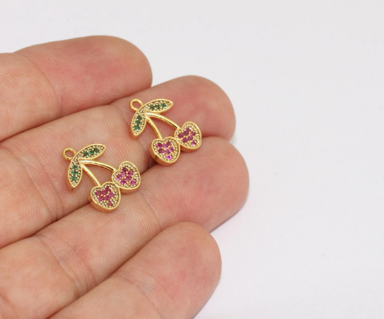 12x15mm 24k Shiny Gold Pave Cherry, Cherry Charms, Gold MLS44