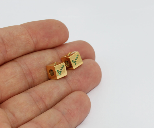 8x8mm 24k Shiny Gold CZ Okay Beads, Cube Okay Symbol Charms, Green Zircon Beads, BRT318