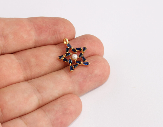 18x21mm 24 ayar Parlak Altın Yıldız, Mavi Baget Taşlı Tılsımlar, SLM197