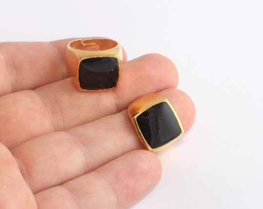 17-18mm 24k Shiny Gold Rings, Black Enamel Square Rings, ETS188
