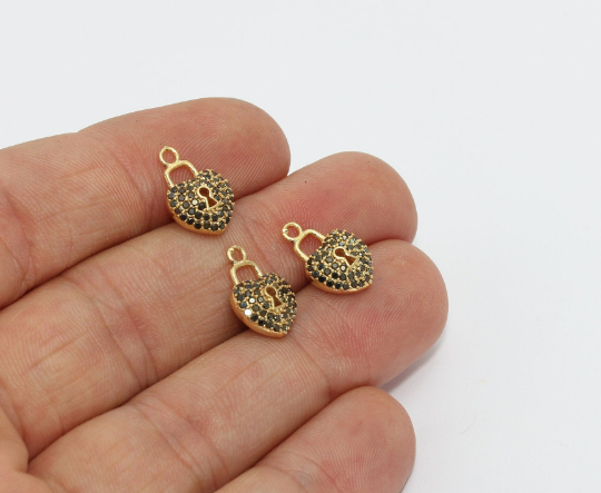 9x14mm 24k Shiny Gold Heart Lock Charms, CZ Lock Beads, ZRCN302
