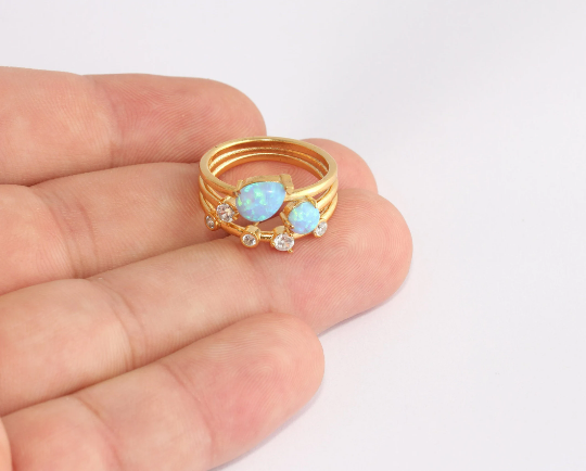 16mm 24k Shiny Gold Triple Ring, CZ Turquoise Stone Rings, SLM912
