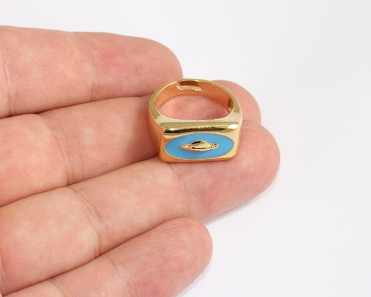 17-18mm 24k Shiny Gold Rings, Blue Enamel Square Rings, MLS1154