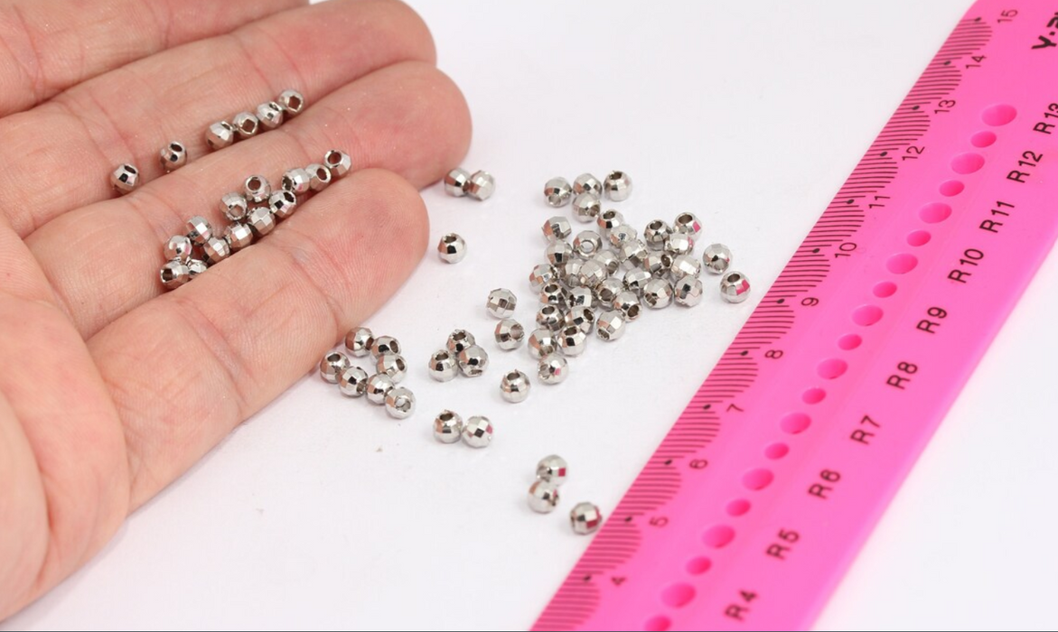 4mm Silver Plated Faceted Beads, Disco Ball Beads,  MTE655