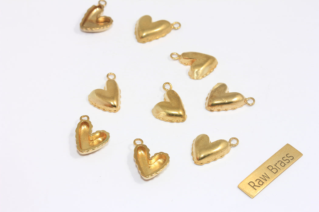 12x15mm Raw Brass Puffed Heart, Cute Heart Charms, Heart Necklace Charms, Puffed Mini Heart Charms, MLS292