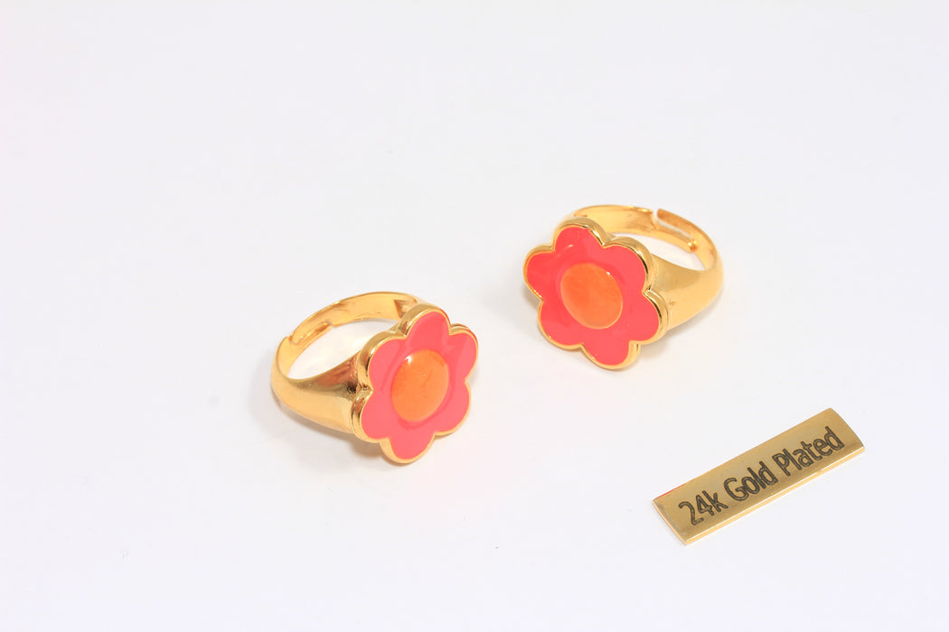 17-18mm 24k Shiny Gold Daisy Rings, Pink Enamel Daisy Statement Rings, Flower Shaped Rings, Women's Rings, CHK71-5