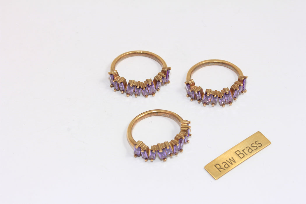16-17mm Raw Brass CZ Ring, CZ Micro Pave Purple Stone Rings, Baguette Stone Band Rings, Dainty Multi Stone Ring, ZPR206