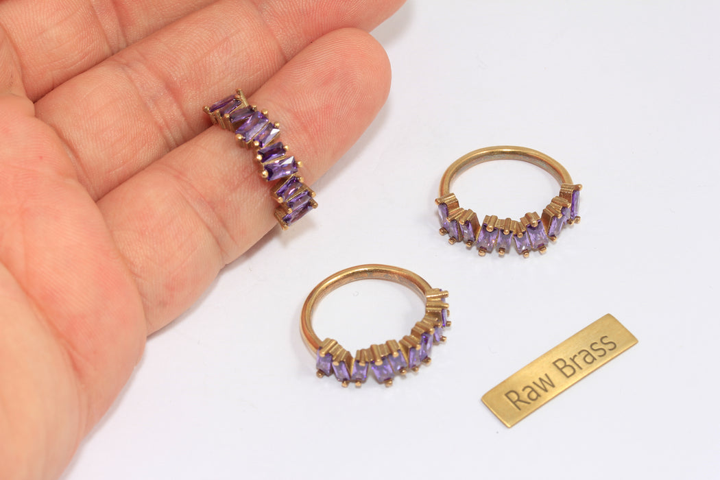 16-17mm Raw Brass CZ Ring, CZ Micro Pave Purple Stone Rings, Baguette Stone Band Rings, Dainty Multi Stone Ring, ZPR206