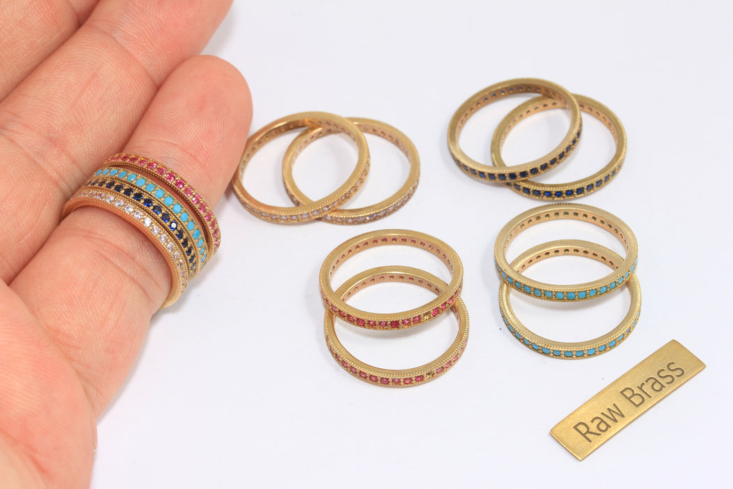 18,5mm Raw Brass Micro Pave Linear Closed Rings, Dainty CZ Tiny Stacking Rings, Optional Stone Color Band Rings, ZPR