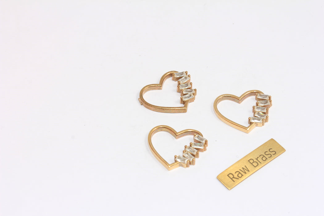 20x22mm Raw Brass CZ Heart Charms, Micro Pave White Stone Heart Charms, Baguette Stone Outline Heart Pendant, ZPR31