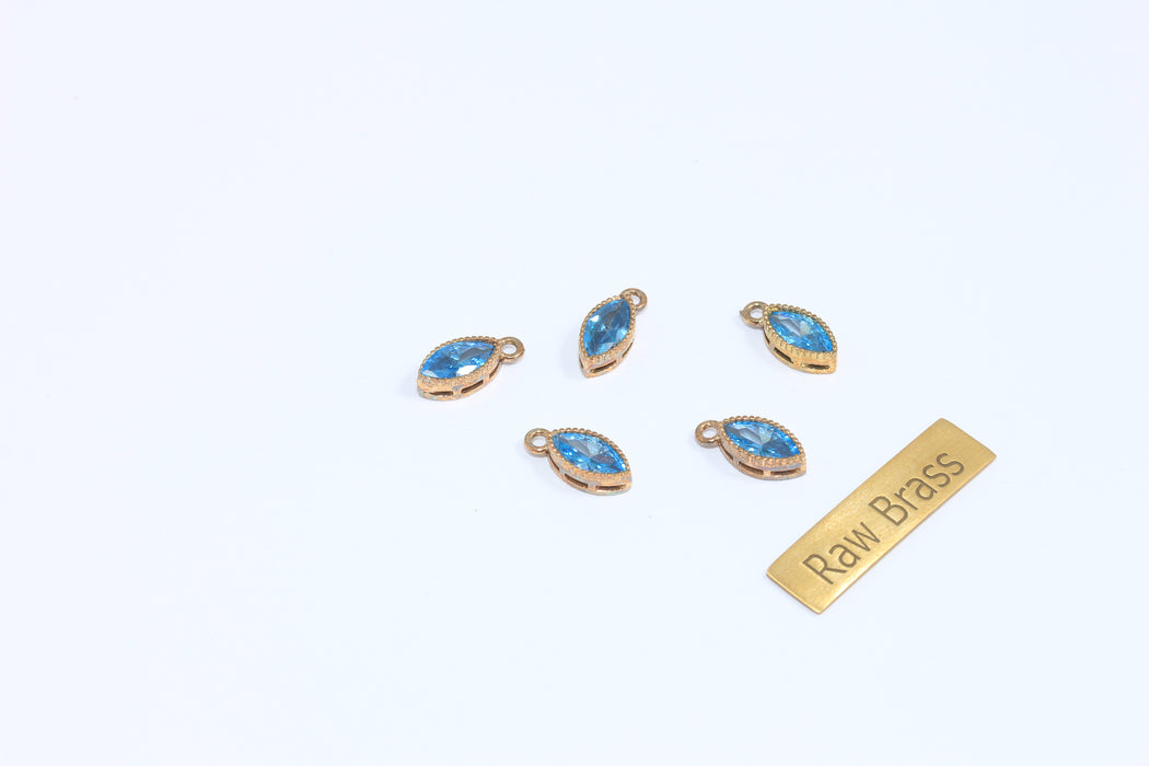 5x11mm Raw Brass CZ Drop Charm, Sky Blue Crystal Stone Drop Pendant, Bezel Teardrop Bracelet Charm, ZPR25