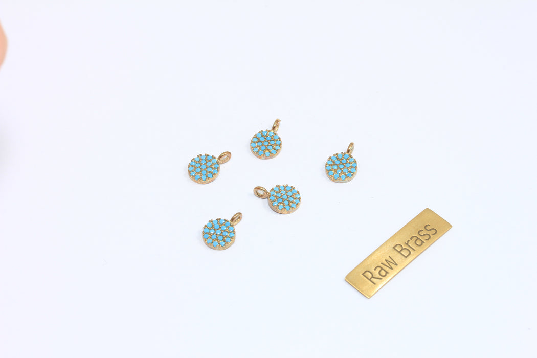 7x9mm Raw Brass CZ Drop Charms, Micro Pave Turquoise Stone Charms, CZ Bracelet Charms, CZ Round Pendant, ZPR68
