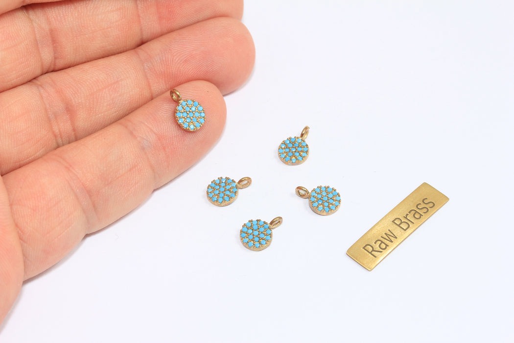 7x9mm Raw Brass CZ Drop Charms, Micro Pave Turquoise Stone Charms, CZ Bracelet Charms, CZ Round Pendant, ZPR68
