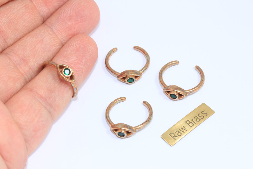 16-17mm Raw Brass CZ Ring, Micro Pave Eye Ring, Adjustable Ring, Dainty Rings, CZ Green Stone Evil Eye Ring, ZPR91