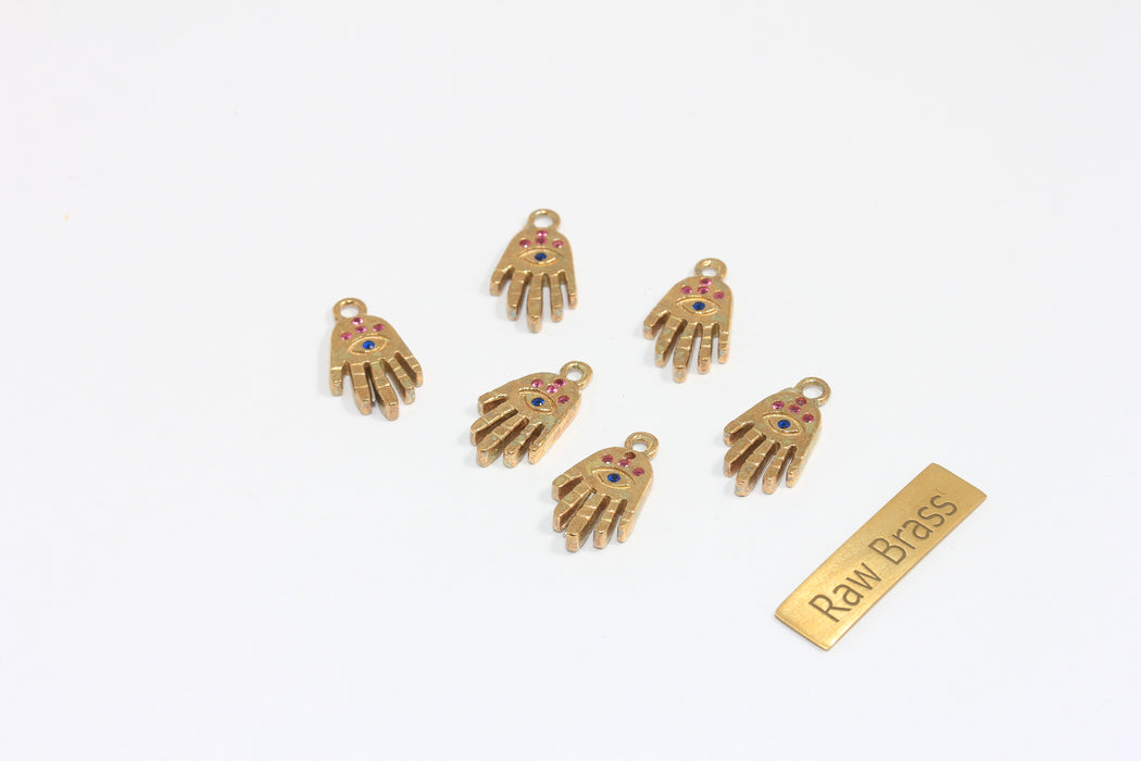 9x17mm Raw Brass CZ Hamsa Bead, Micro Pave Mixed Stone Hamsa Charms, CZ Fatima Hand Bracelet Charms, ZPR34