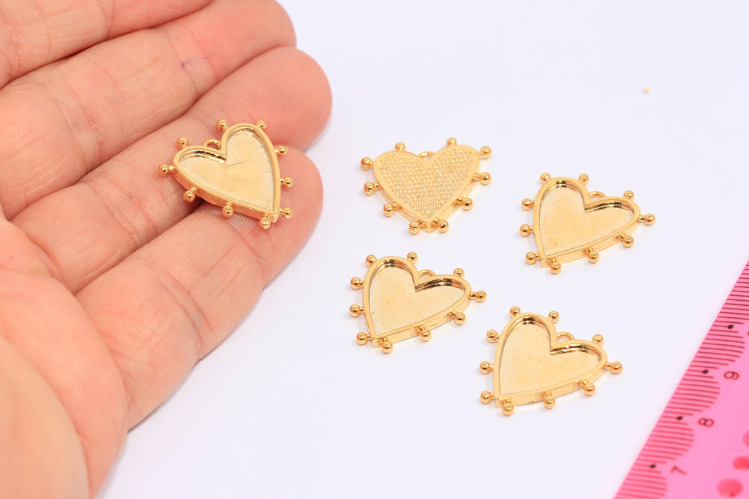 21mm 24k Shiny Gold Heart Charms, Heart Bezel Medallion, MLS827