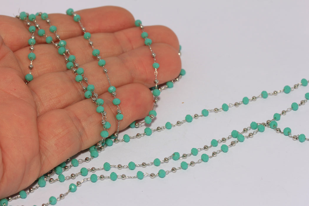 3mm 24k Shiny Gold Crystal Chains, Beaded Chain, Rosary Style Turquoise Bead Chains, CHK236-1