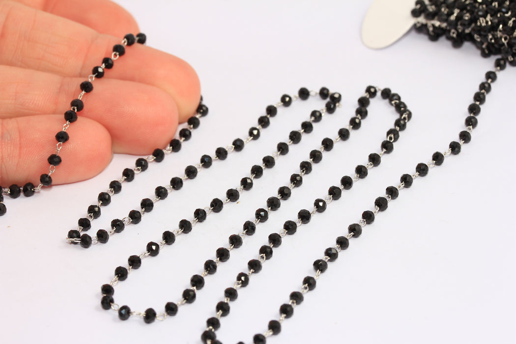3mm 24k Shiny Gold Crystal Chains, Beaded Chain, Rosary Style Black Bead Chains, CHK236-2