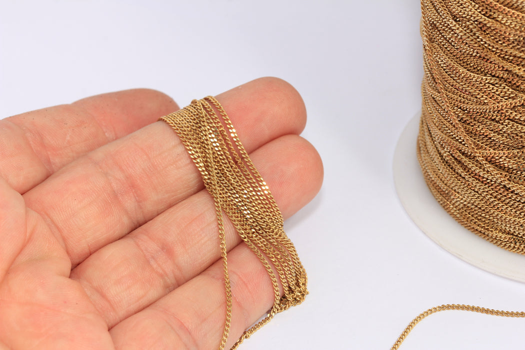 1,4mm Raw Brass Faceted Curb Chain, Tiny Raw Brass Cable Chain, KPT47