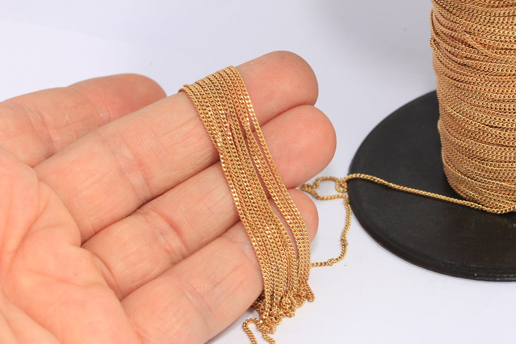 1,3mm Raw Brass Faceted Curb Chain, Tiny Raw Brass Cable Chain, KPT51