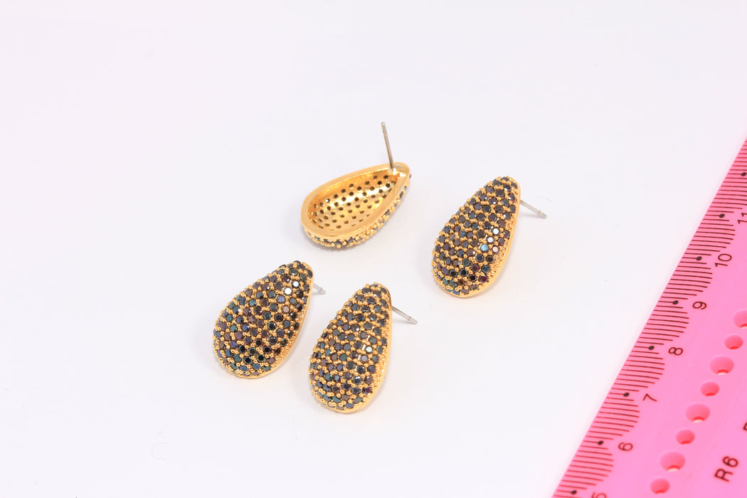 13x21mm 24k Shiny Gold Stud Earrings, Micro Pave Black Stone Teardrop Studs, CHK194-6