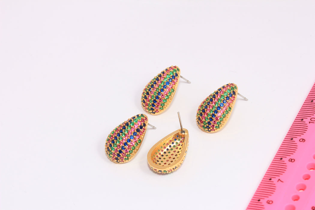 13x21mm 24k Shiny Gold Stud Earrings, Micro Pave Mixed Stone Teardrop Studs, CHK194-4