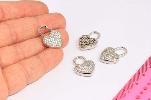 Rhodium CZ Heart Lock Charms