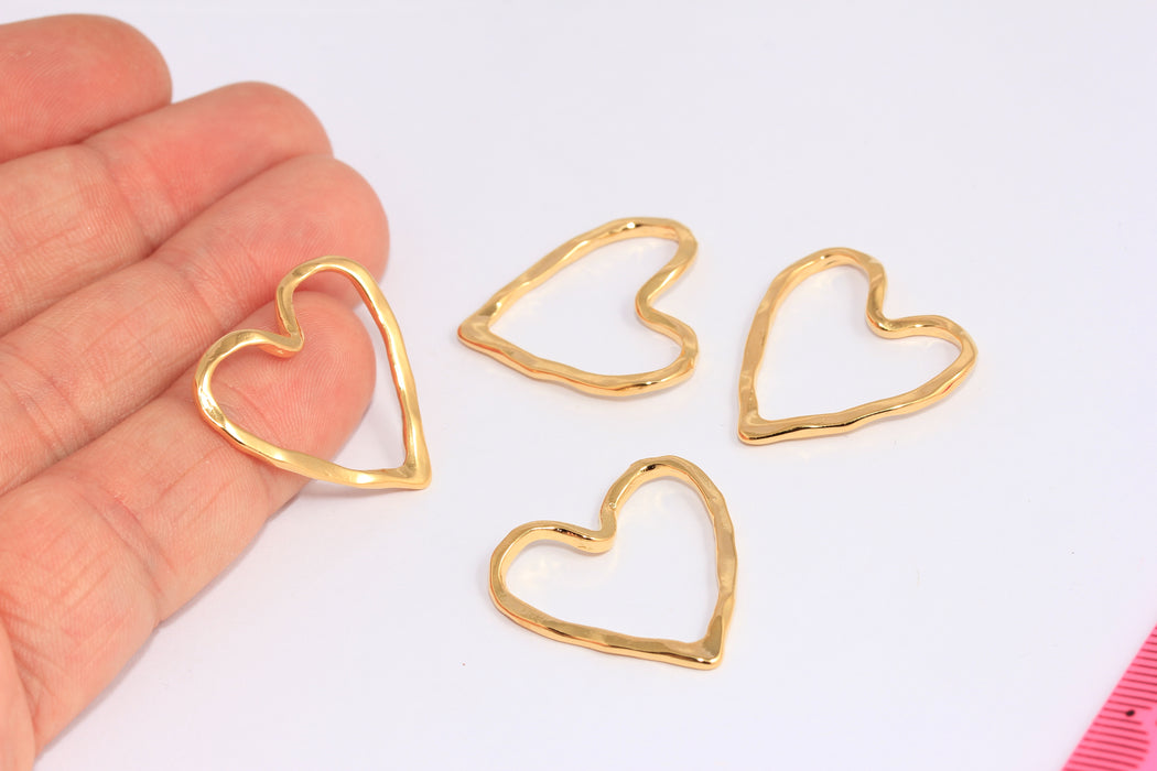 26mm 24k Shiny Gold Heart Charms, Outline Irregular Shaped Heart Pendant, MTE1506