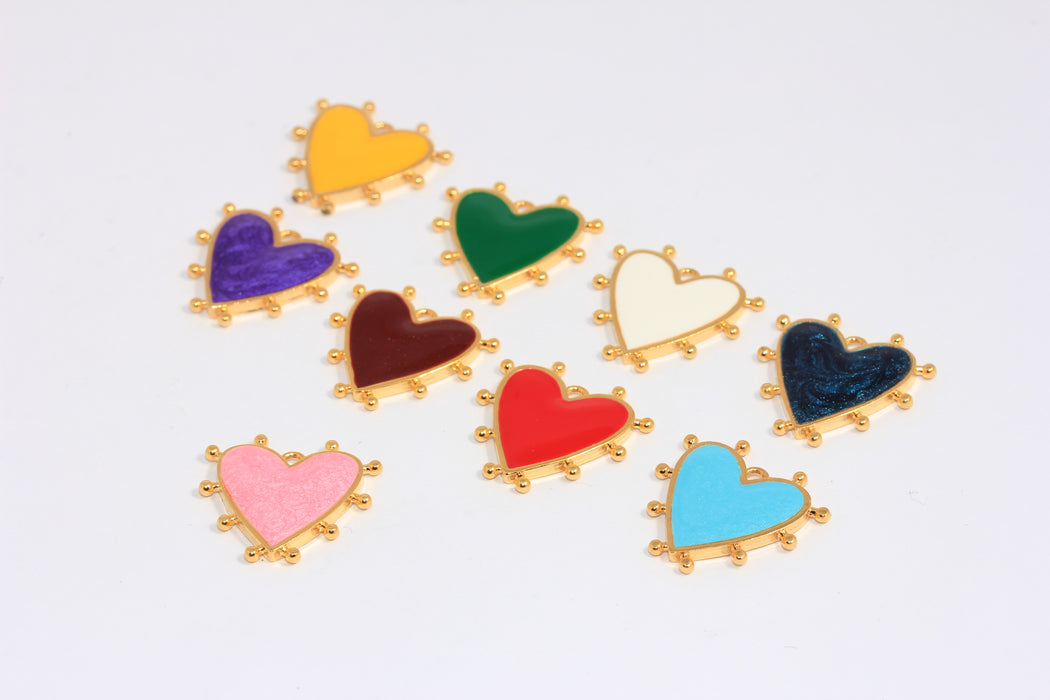 21mm 24k Shiny Gold Heart Charms, Optional Enamel Color Heart Medallion,