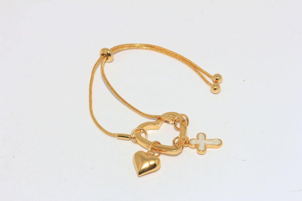 8" 24k Shiny Gold Heart Bracelet, Heart Clasp Bracelet, Adjustable Bracelet With Charms, Cross Charm Bracelet, SLM853