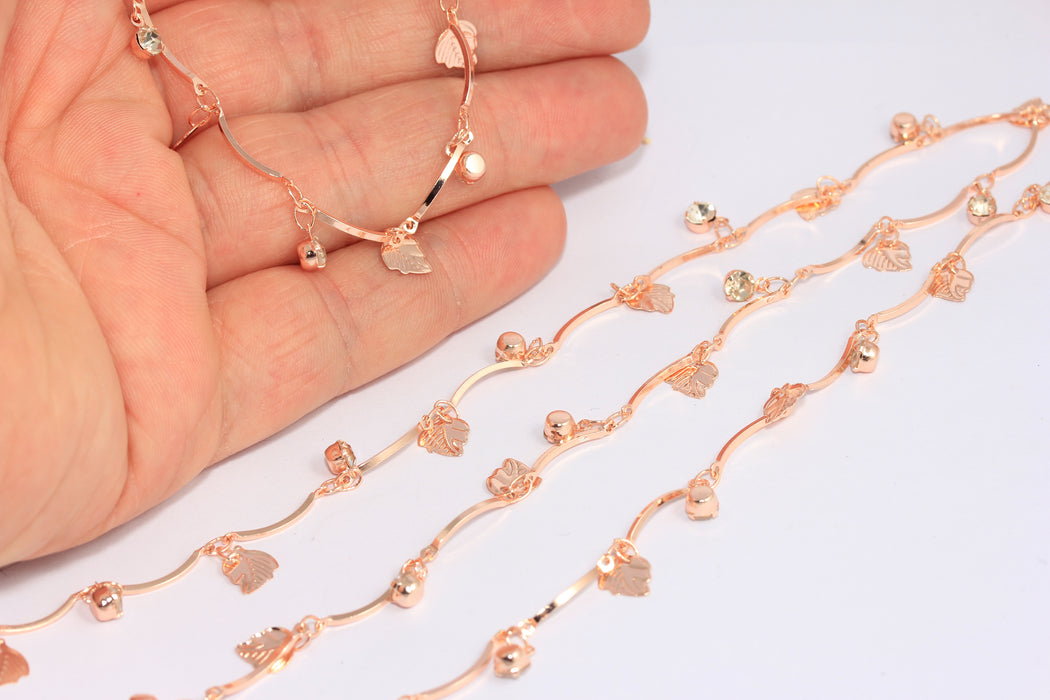 6x7mm Rose Gold Leaf Chains, Leaf Beaded Chains, Crystal Bead Chain, BXB179