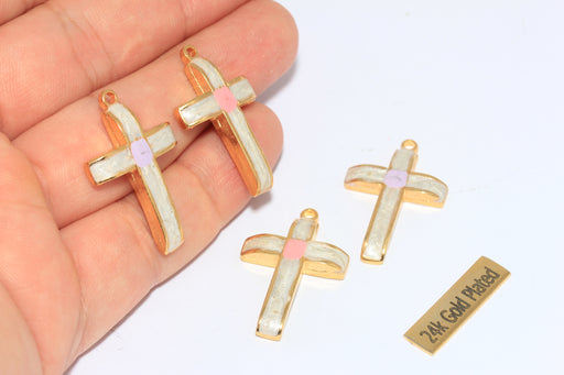 White And Pink Enamel Cross Necklace, Mini Cross Drop Charms