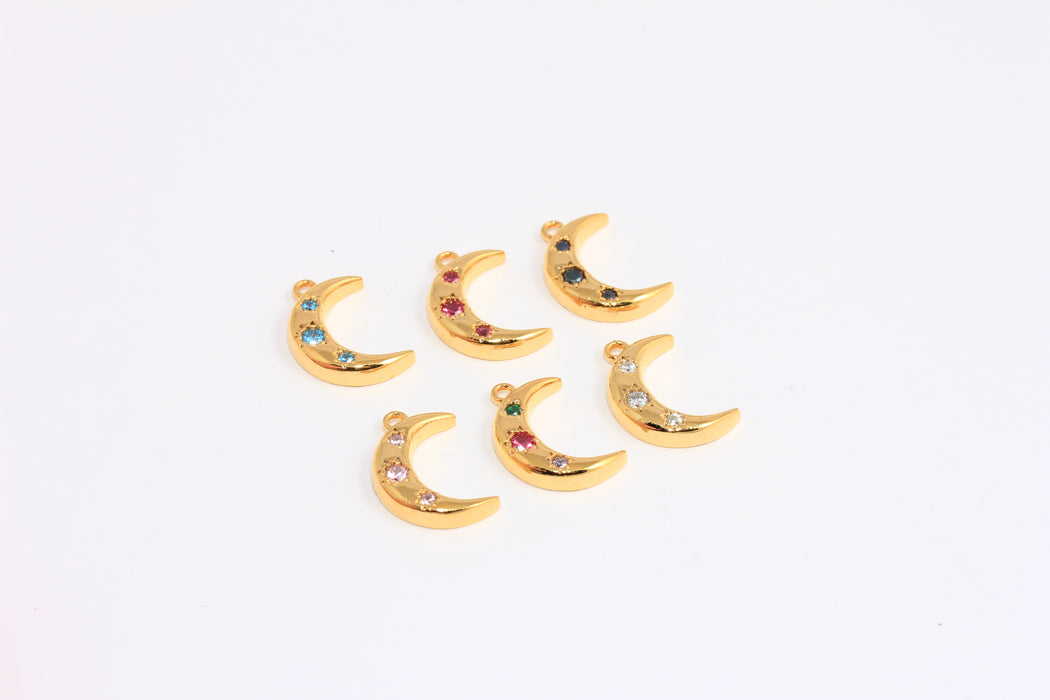 11x16mm 24k Shiny Gold Moon Charms, CZ Optional Stone Color Moon Beads,