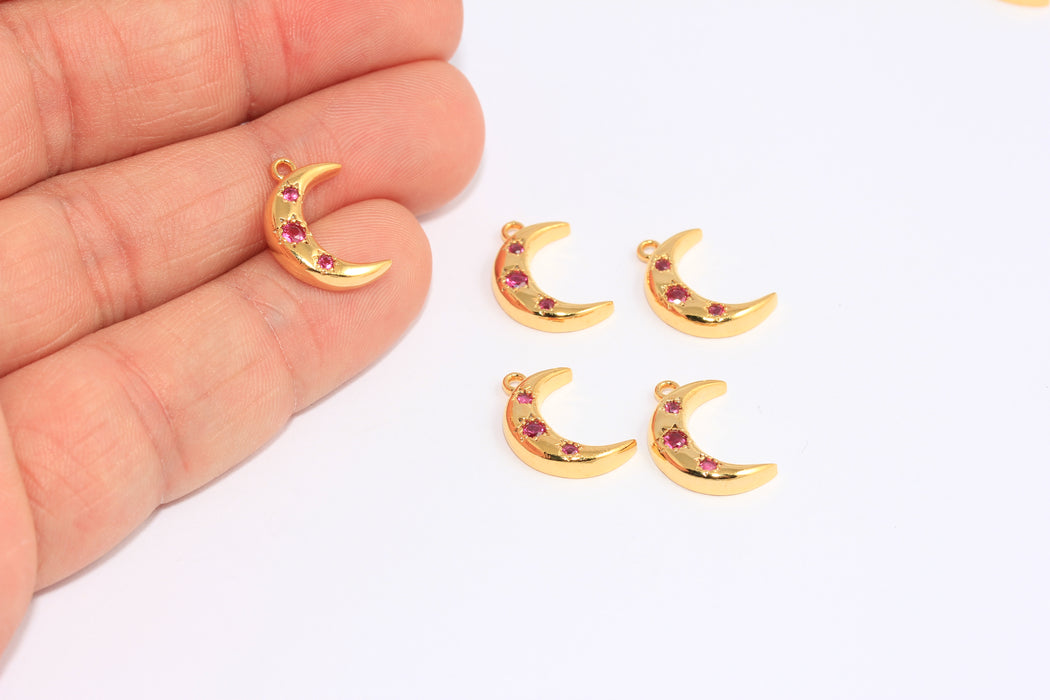 11x16mm 24 Ayar Parlak Altın Ay Takıları, CZ Yakut Taşlı Renkli Ay Boncukları, CHK347-8C