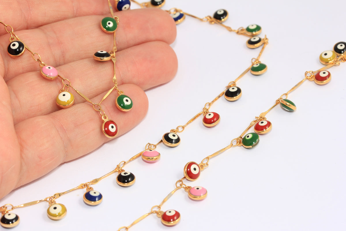 6,5mm 24k Shiny Gold Evil Eye Chains, Drop Beaded Evil Eye Chain ...