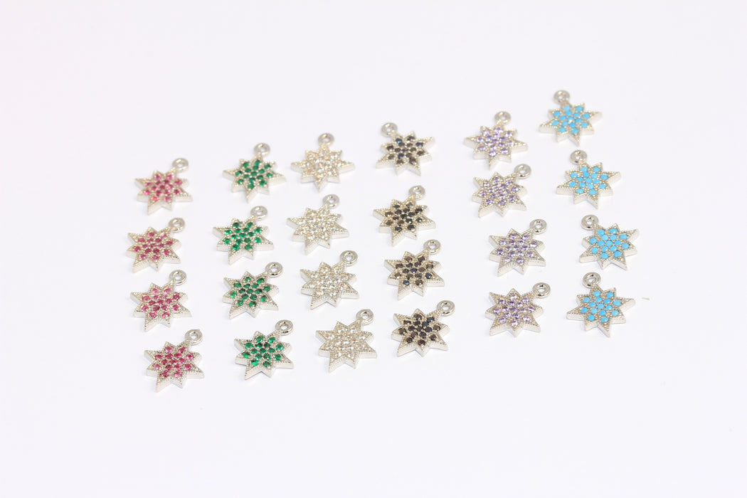 10x12mm Rhodium Plated North Star Charms, Micro Pave Optional Stone Color Pole Star, ROSE650