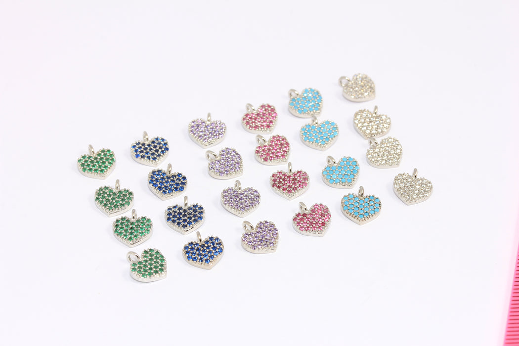 8mm Rhodium Plated CZ Heart Beads, Micro Pave Optional Stone Color Heart Charms, ROSE576